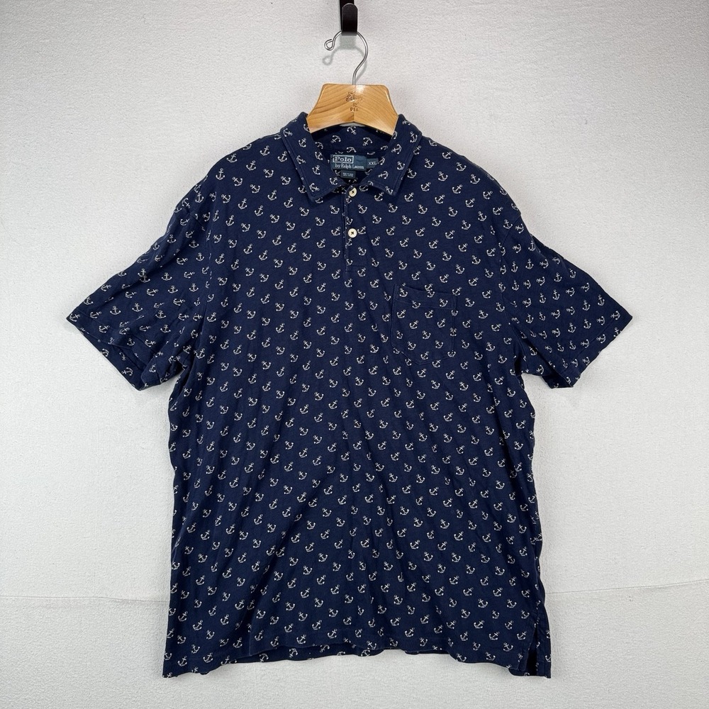 90's Vtg Polo Ralph Lauren Men's 2XL Blue Anchor Nautical Short Sleeve Shirt